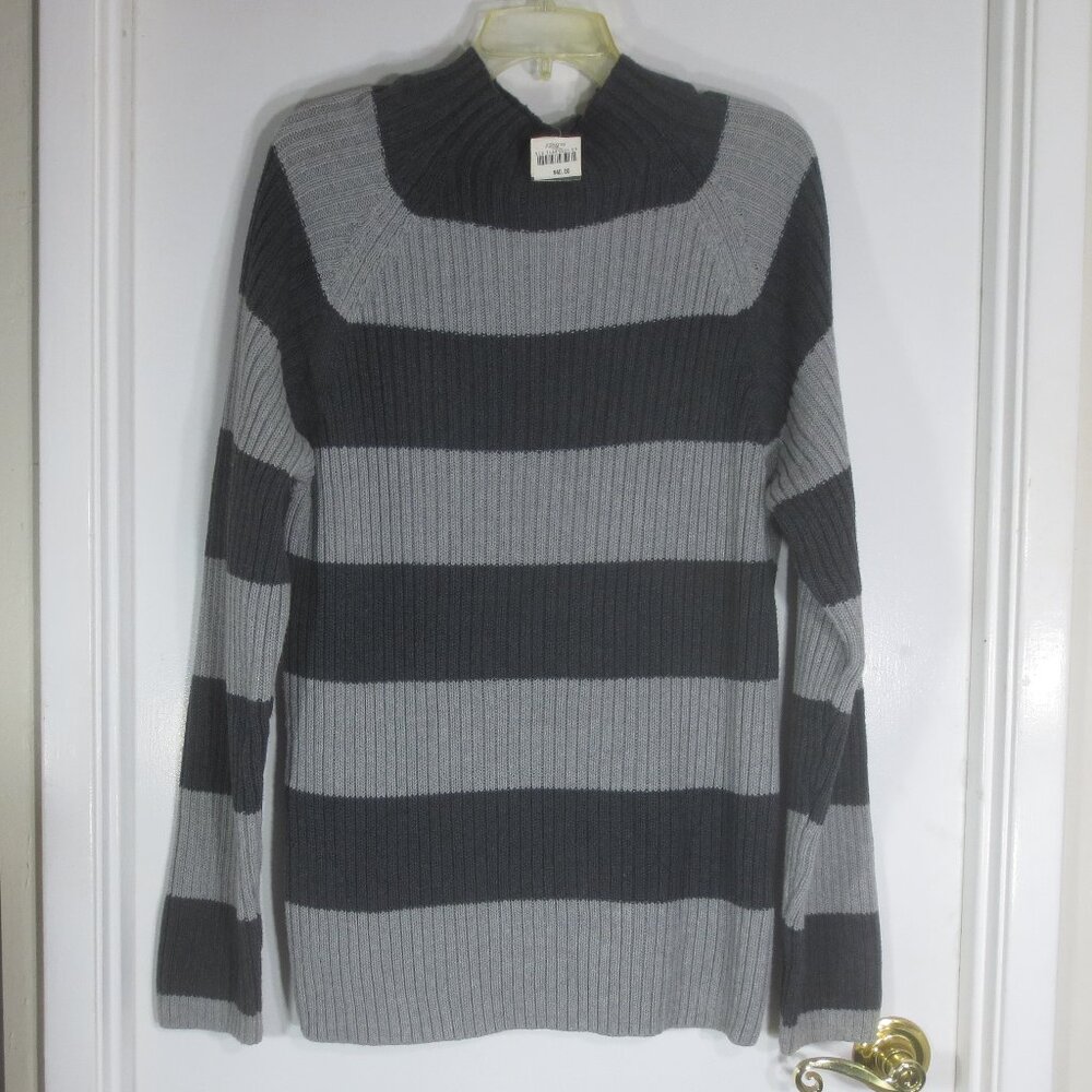 NEW 80s St John's Bay Sweater Gray Striped Thick Cotton Mock-neck Men's size L